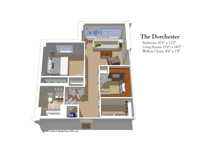 3D floor plan of a two-bedroom apartment with labeled room dimensions.