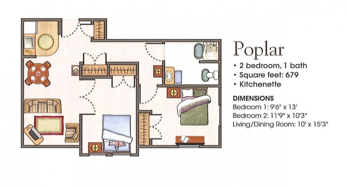 Poplar floor plan with 2 bedrooms, kitchen, and bathroom.