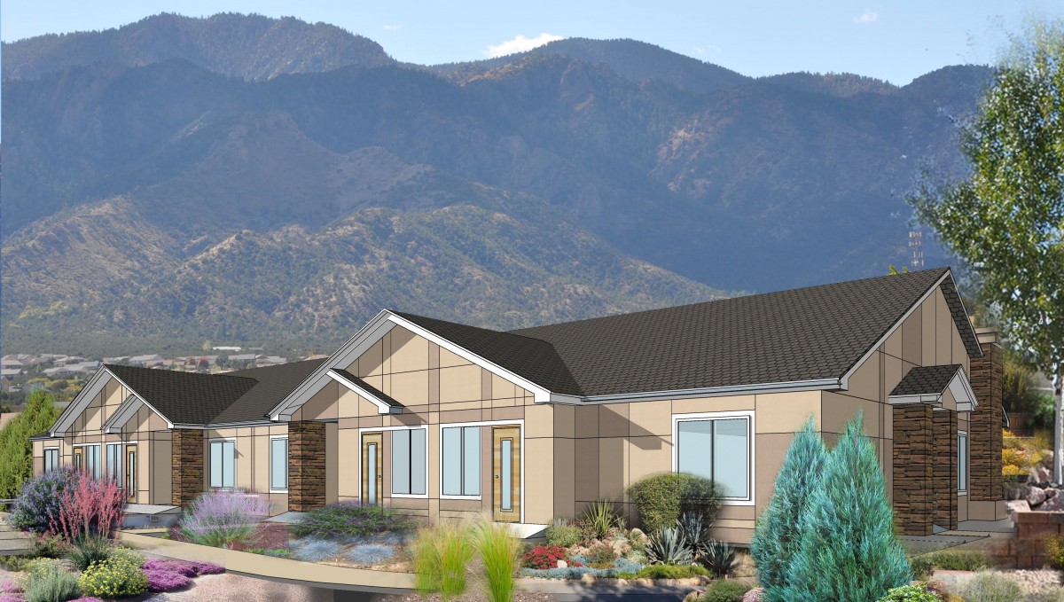 A modern house set against a backdrop of majestic mountains.