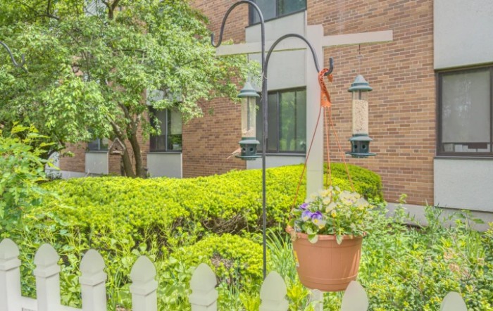 A charming garden with a hanging flower pot, neatly trimmed bushes, and a view of a brick building in the background.