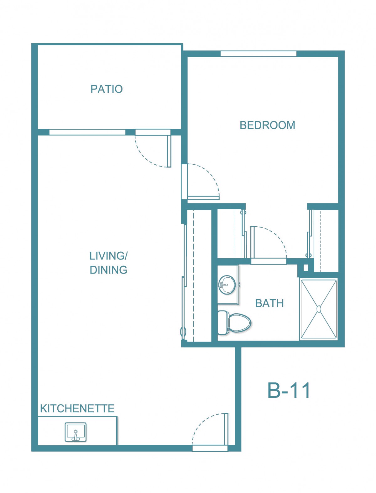 This is a floor plan of an apartment with a patio, living/dining area, kitchenette, bedroom, and bathroom.