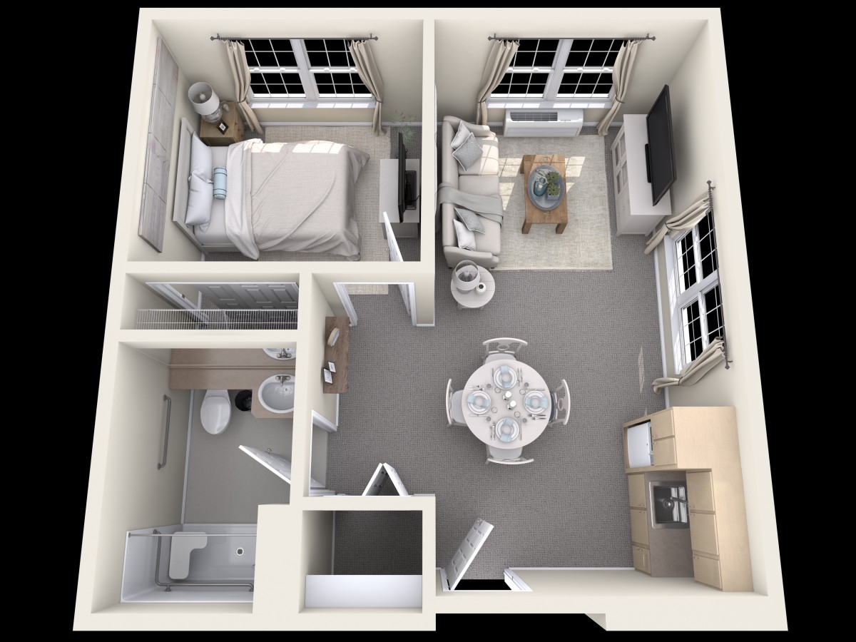 One-bedroom apartment floor plan with a kitchen, bathroom, and living area.