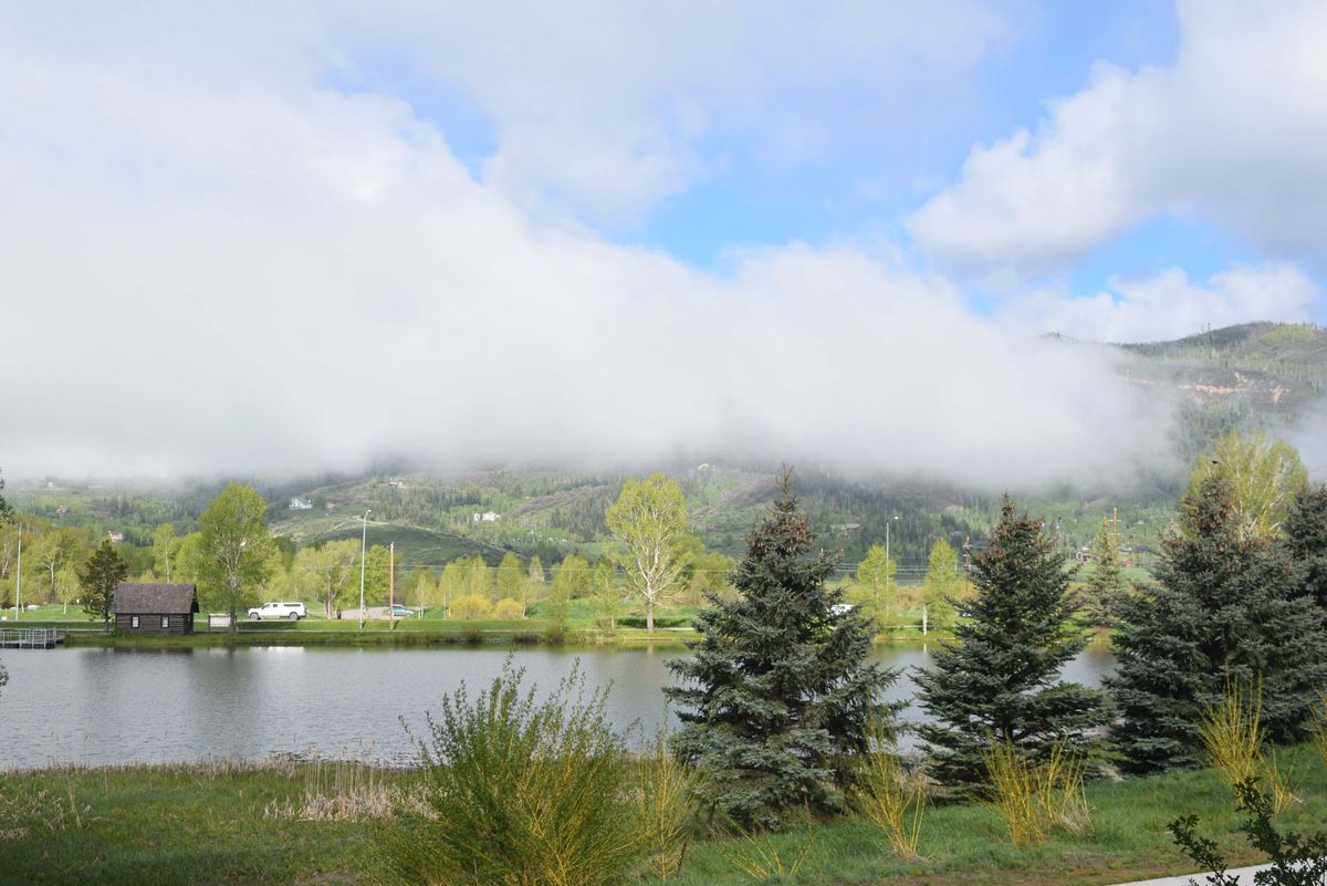 A serene landscape featuring a lake, surrounded by trees, with mountains partially covered by clouds in the background.