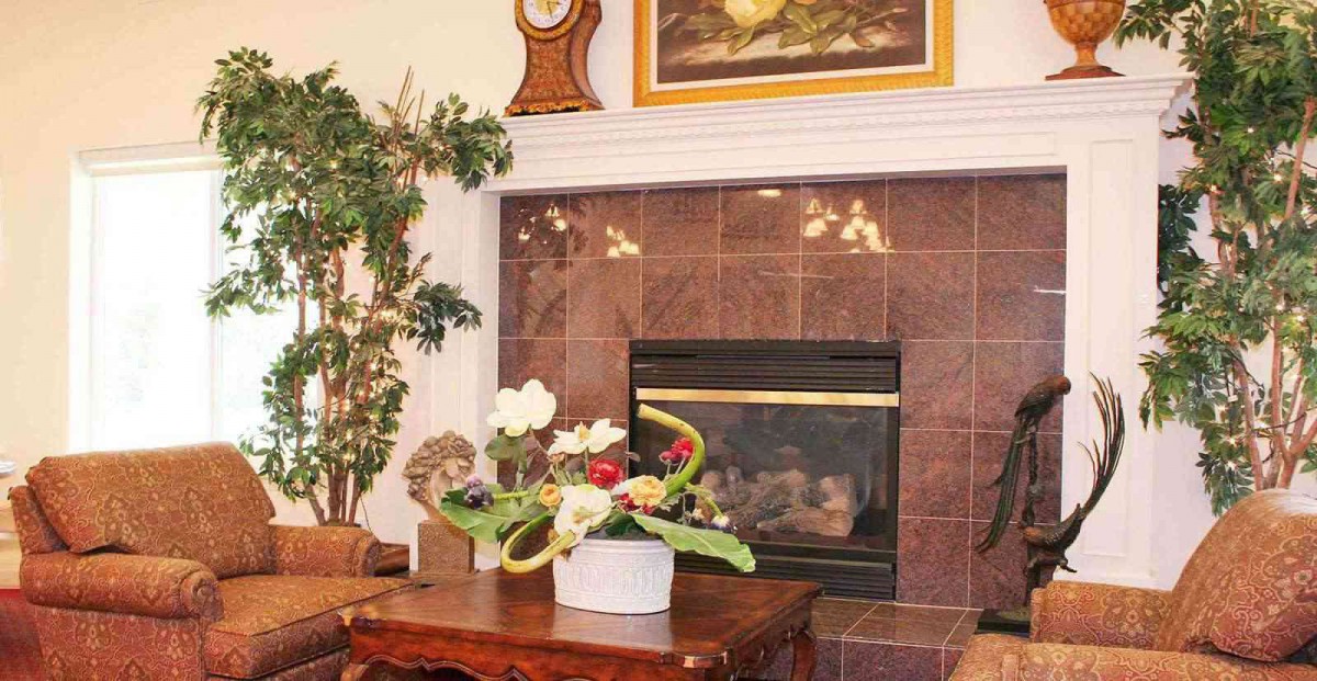 A cozy living room with a fireplace, adorned with plants and tasteful decor.