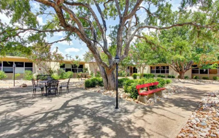A peaceful garden setting with large trees, benches, and picnic tables offering a shaded area.