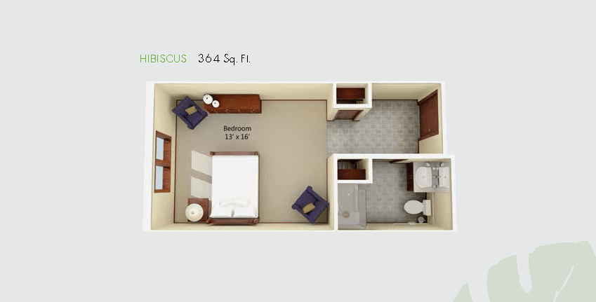 Studio apartment floor plan with bedroom, bathroom, and living area.