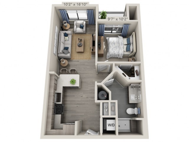 A modern one-bedroom apartment floor plan with a living room, kitchen, and bathroom.