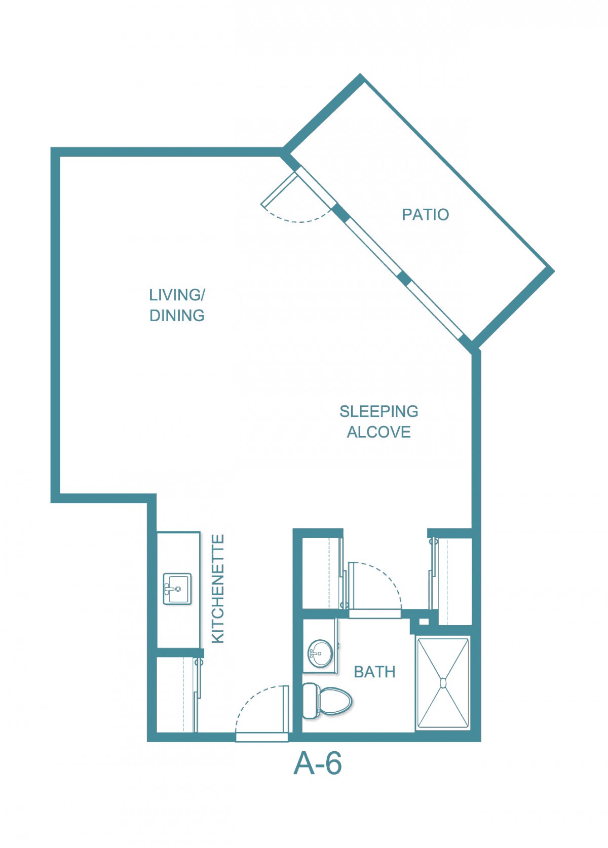 A floor plan of a studio apartment featuring a living/dining area, sleeping alcove, kitchen, bathroom, and patio.