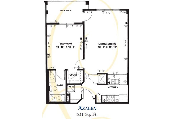 Apartment floor plan for a one-bedroom unit named 'Azalea' measuring 631 square feet, featuring a living room, kitchen, and balcony.