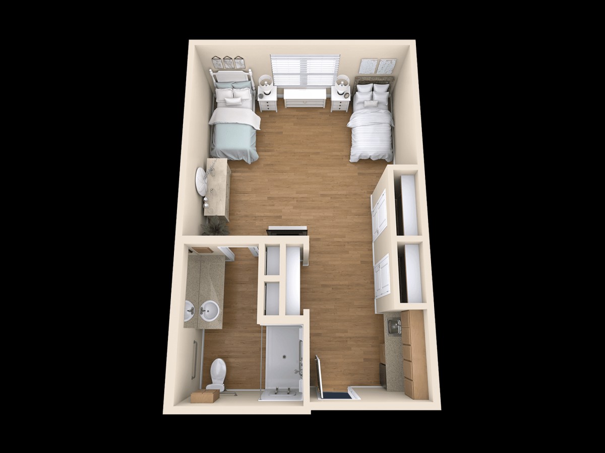 3D rendered floor plan of a studio apartment layout.