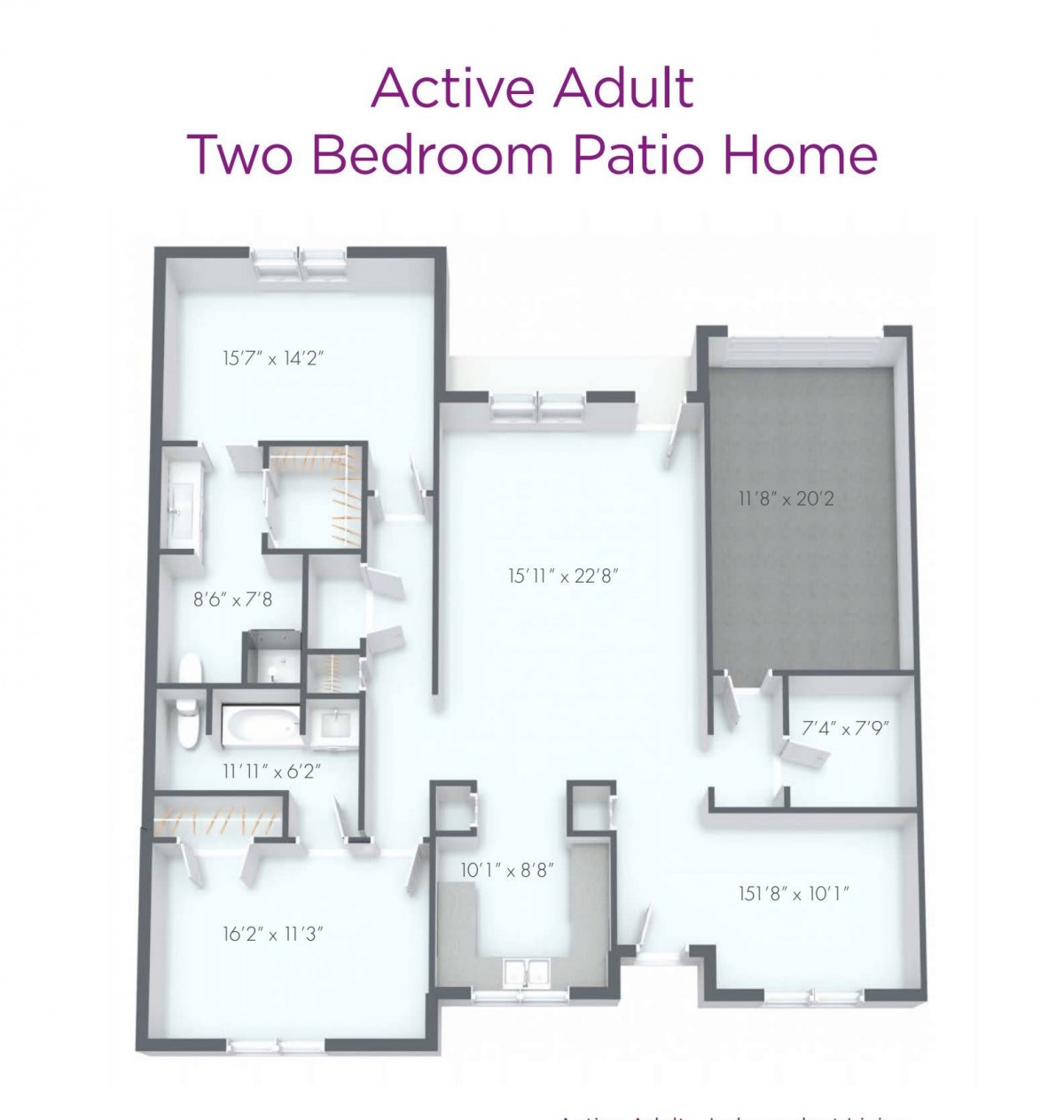 Floor plan of an active adult two-bedroom patio home.