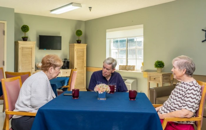 A group of seniors sitting together at a table engaged in conversation.