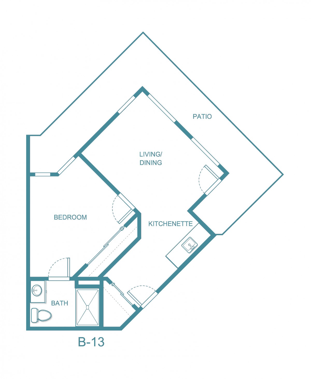A floor plan of a one-bedroom apartment showing the layout of rooms.