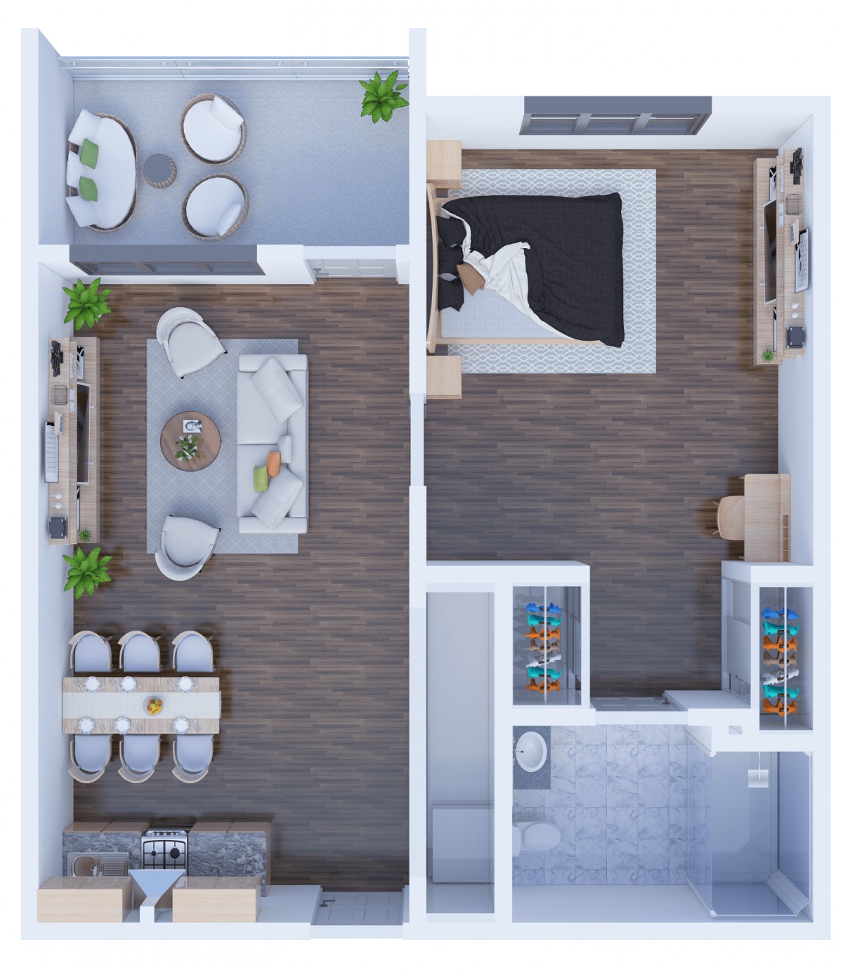 A cozy apartment floor plan featuring a living room, kitchen, dining area, bedroom, and a small balcony.