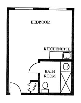 A simple floor plan of a studio apartment featuring a bedroom, kitchenette, and bathroom.