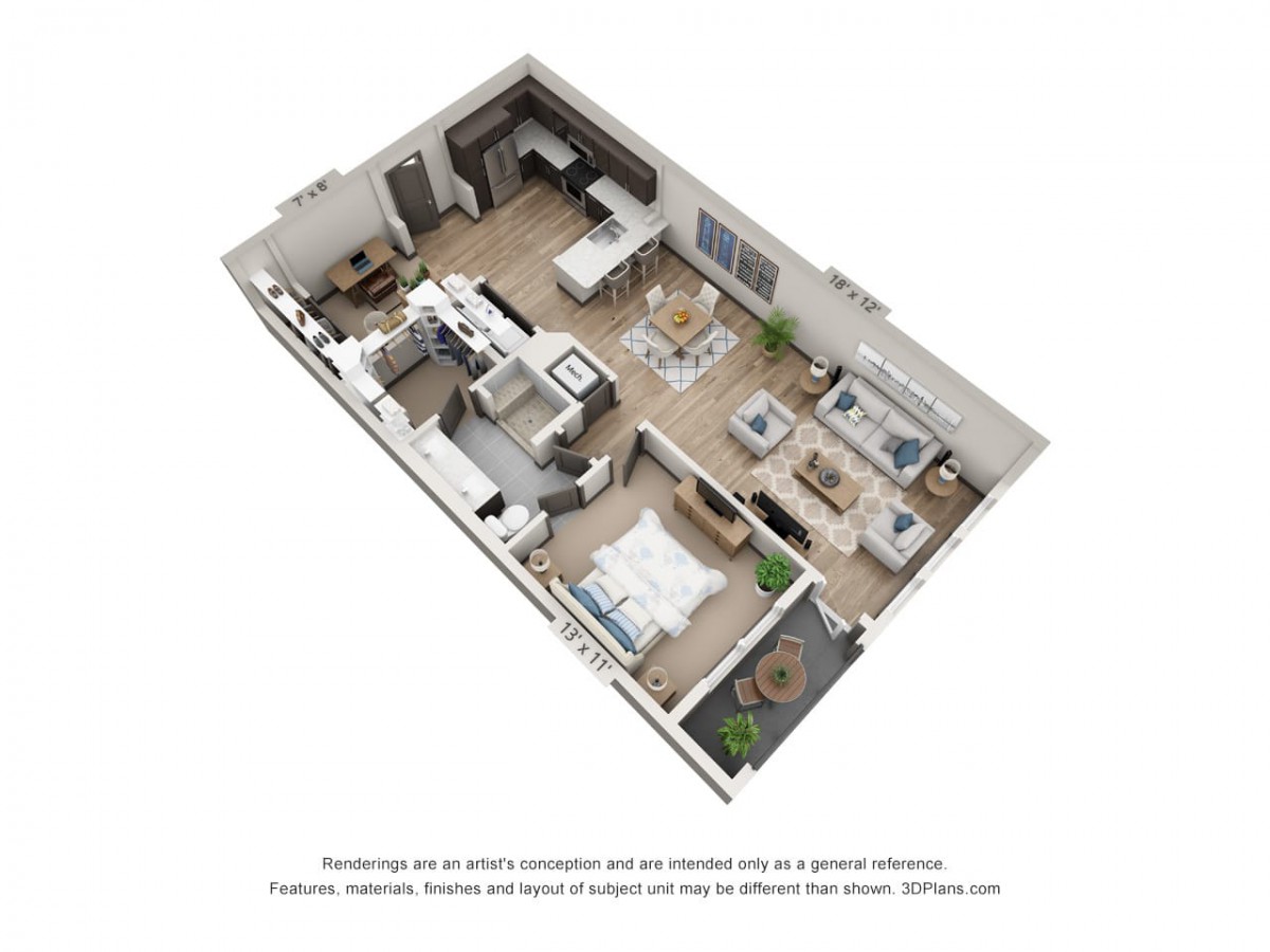 A 3D rendered floor plan showcasing a modern apartment layout with a kitchen, living room, and bedroom.