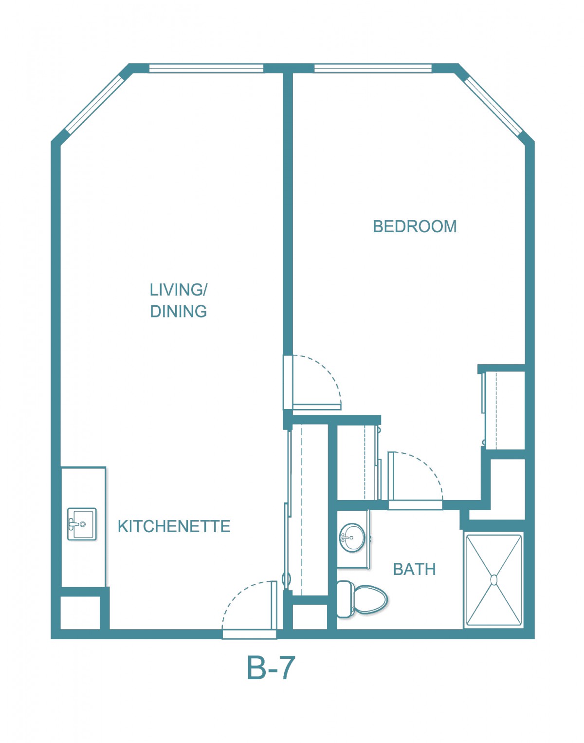 A simple floor plan showing an apartment layout with a living/dining area, kitchenette, bedroom, and bathroom.