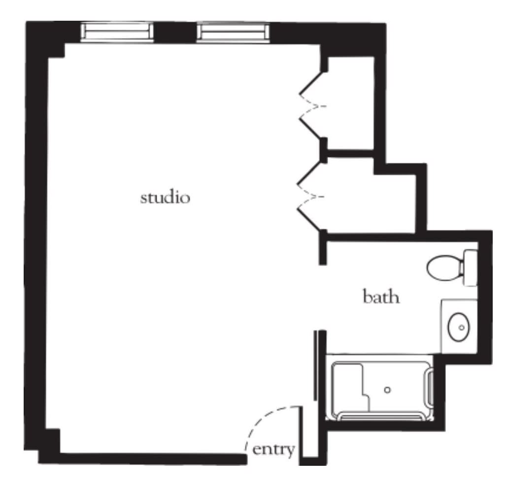Studio apartment floor plan with a bathroom and main living area.