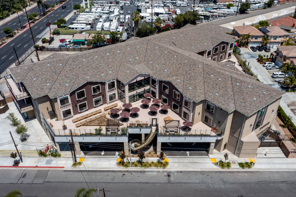 Aerial view of a residential building complex.