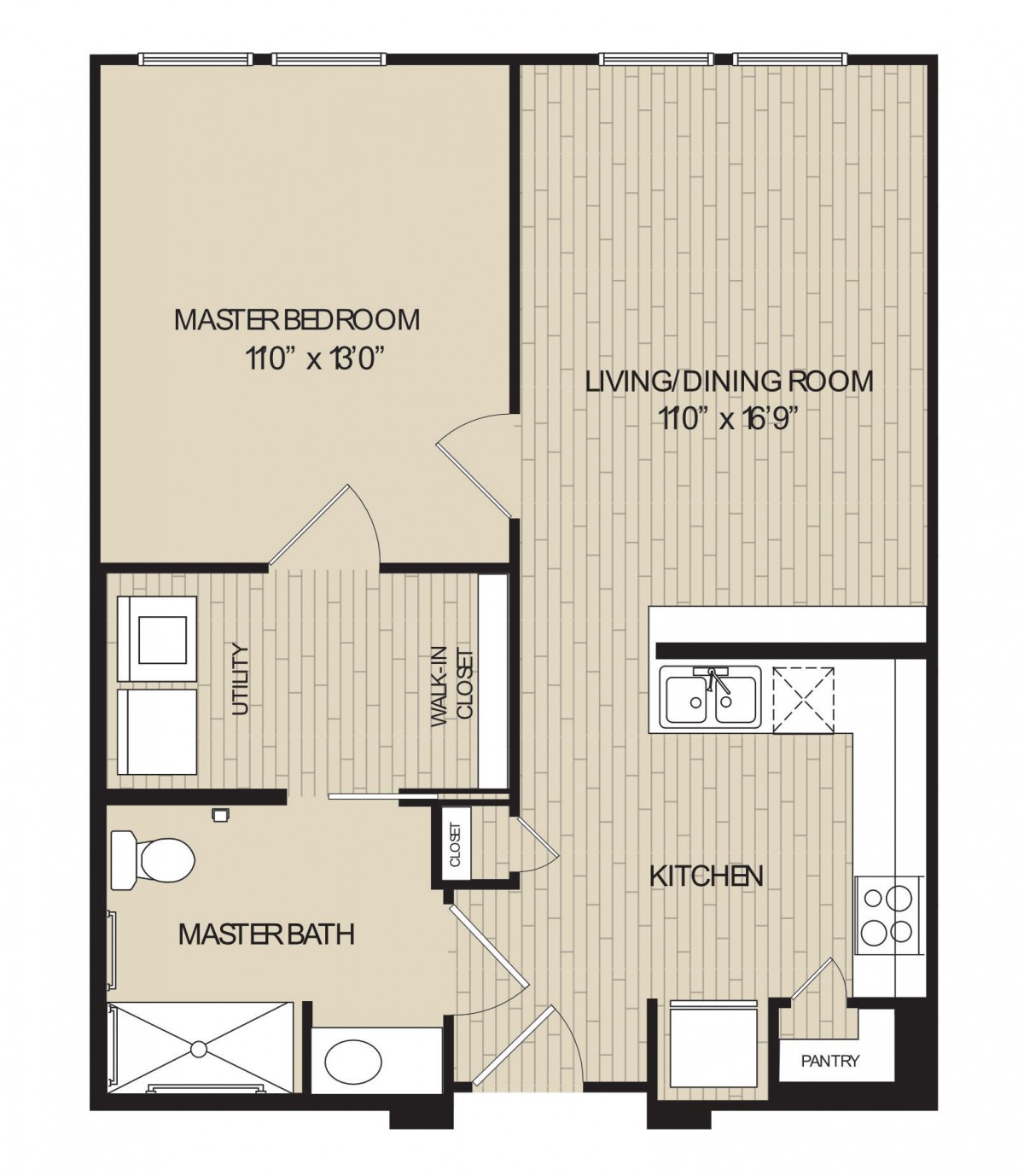 A floor plan of a one-bedroom apartment with an open kitchen and living room.