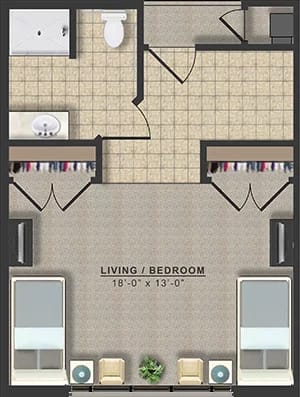 A floor plan of an apartment showing living/bedroom area with closets.