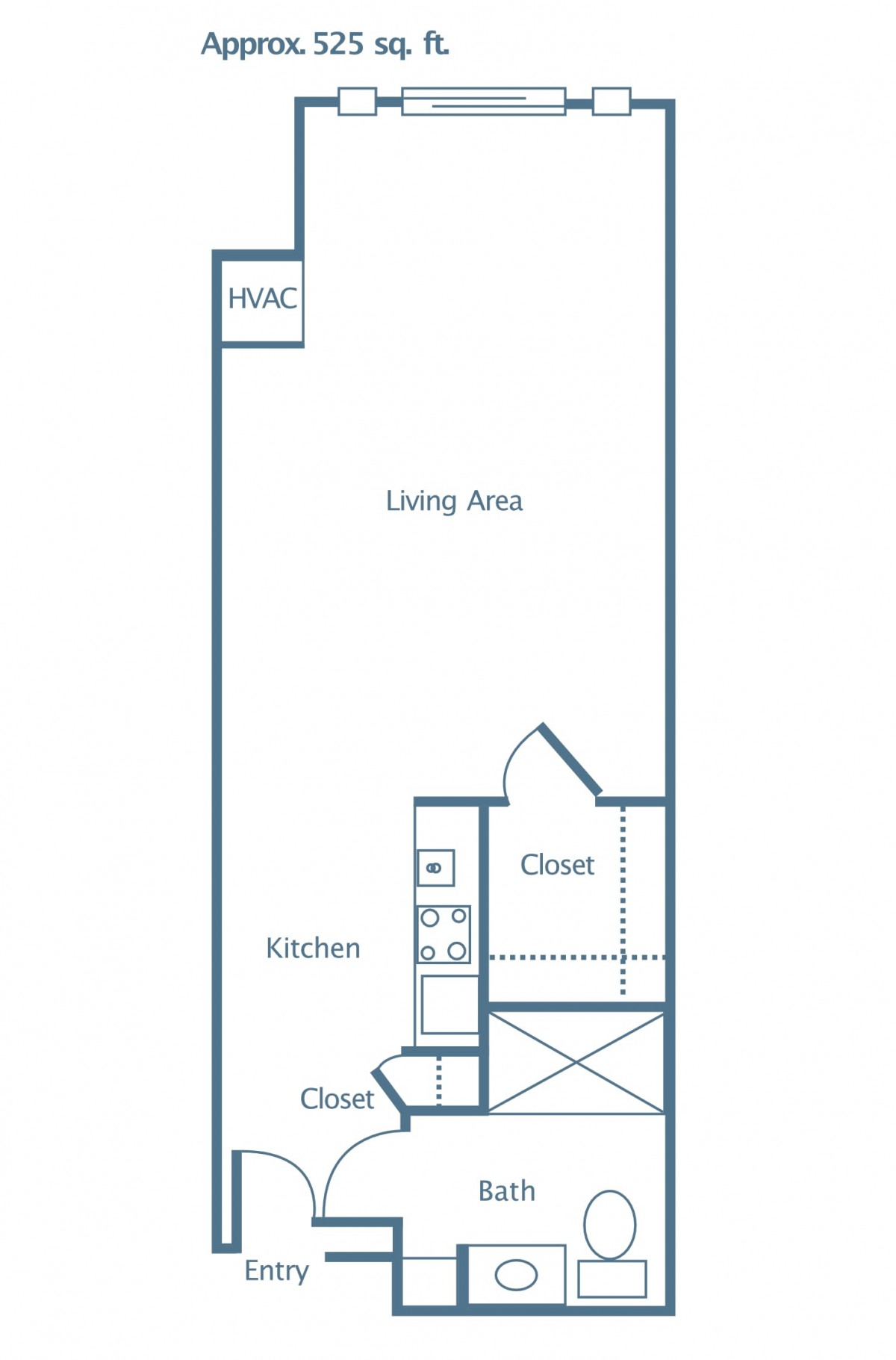 Studio apartment floor plan with kitchen, living area, and closets.