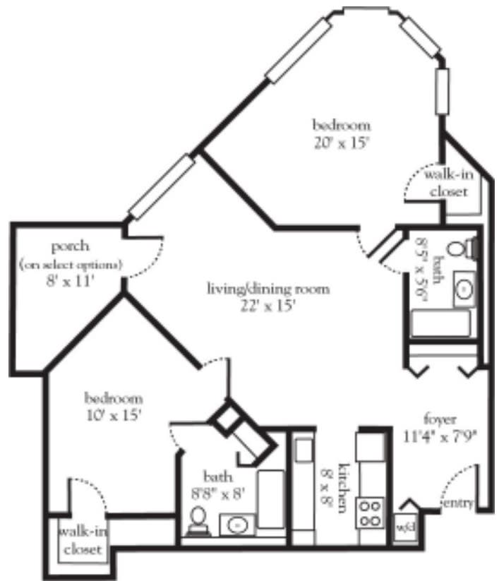 A floor plan of an apartment with multiple rooms, including two bedrooms and a living/dining area.