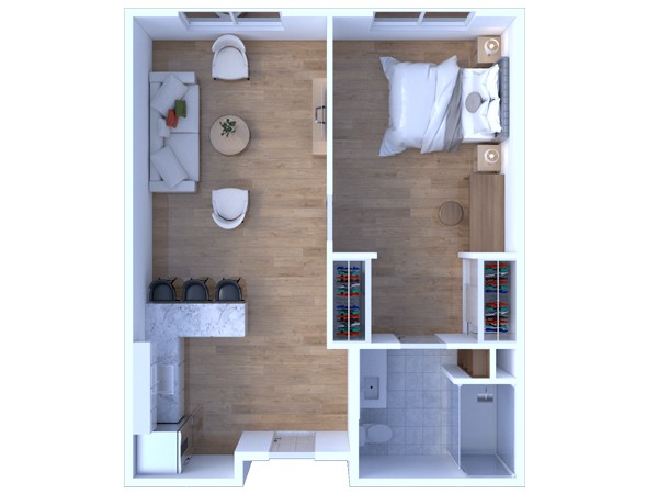 A modern one-bedroom apartment floor plan with an open living area and kitchen.