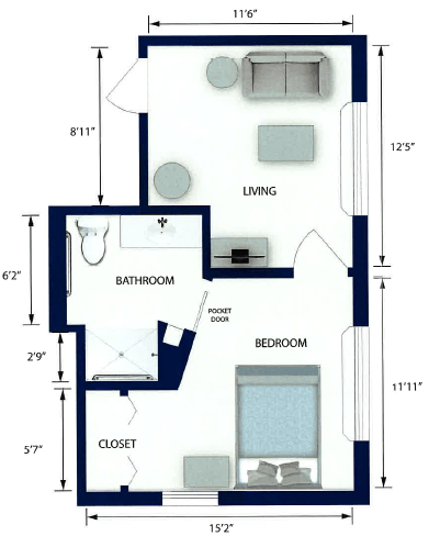 A detailed floor plan of a one-bedroom apartment featuring a living room, bedroom, bathroom, and closet.