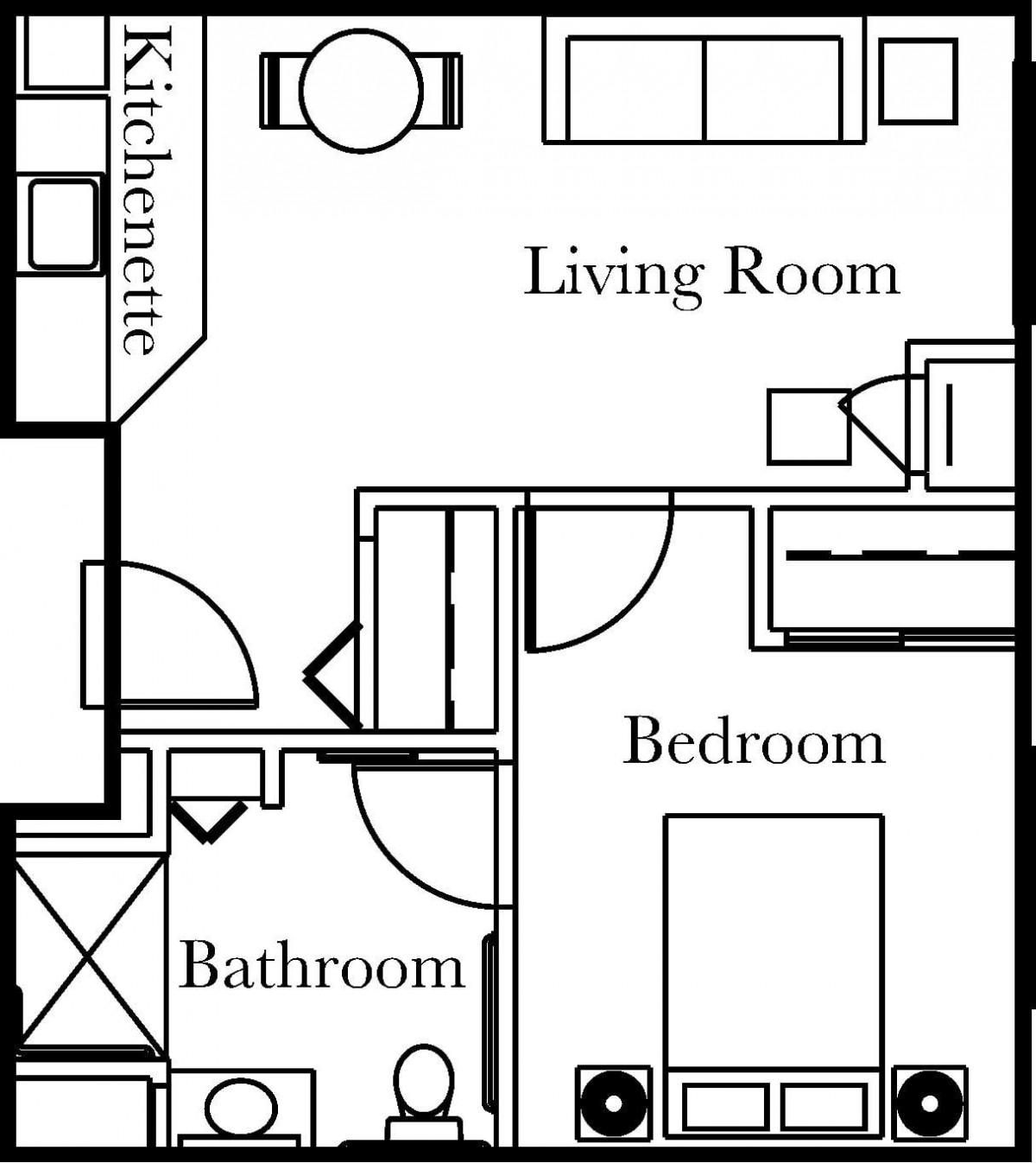 A floor plan of a one-bedroom apartment featuring a living room, bathroom, and kitchenette.