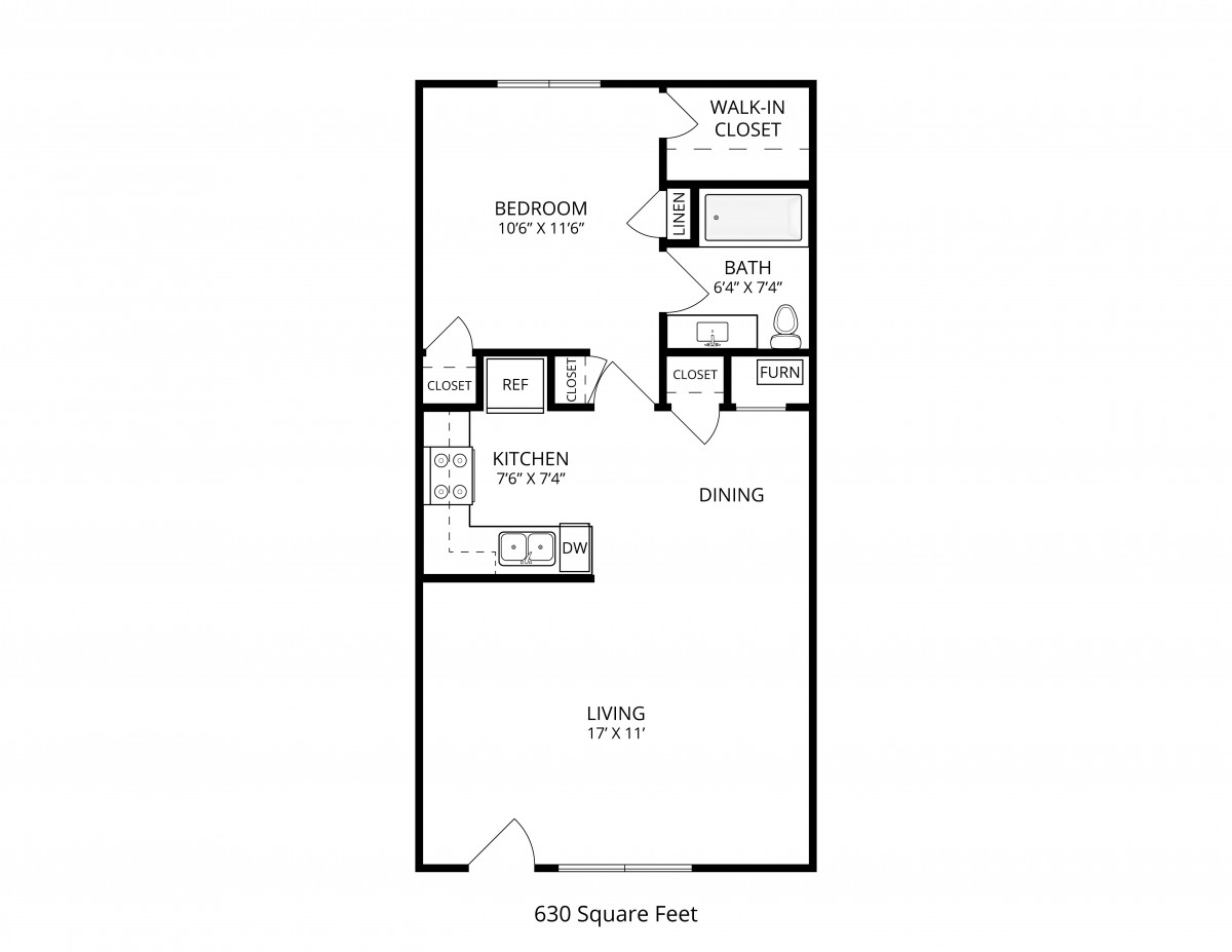 A floor plan of a 628 square foot apartment featuring one bedroom, a kitchen, bathroom, and a living area.