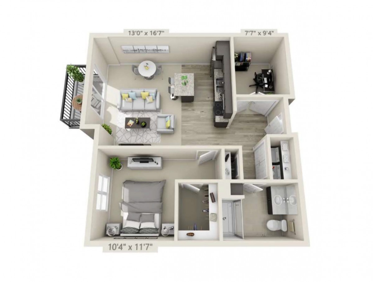 3D rendered floor plan of a one-bedroom apartment with living room, kitchen, bathroom, and balcony.