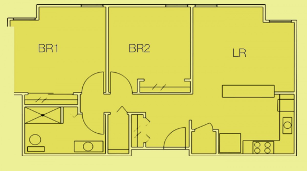 A yellow-tinted architectural floor plan showing room layouts.