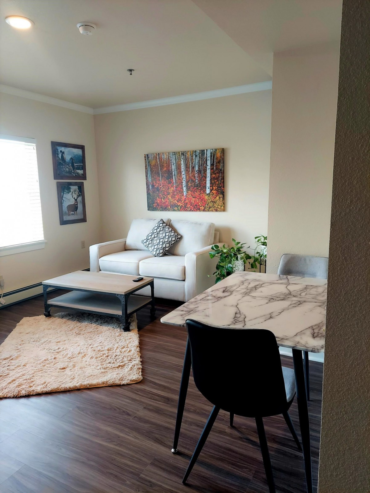 A cozy living room with a sofa, coffee table, and a dining area featuring modern decor.
