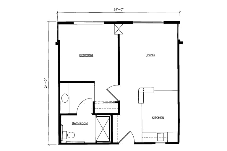 A floor plan depicting the layout of a one-bedroom apartment with a kitchen, living room, bathroom, and bedroom.