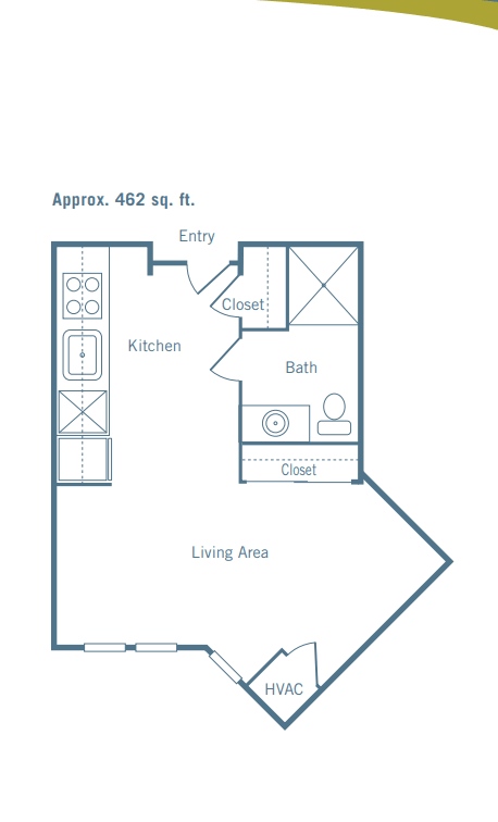 This image depicts a floor plan of a studio apartment approximately 462 square feet in size, featuring a living area, kitchen, bathroom, and closet.