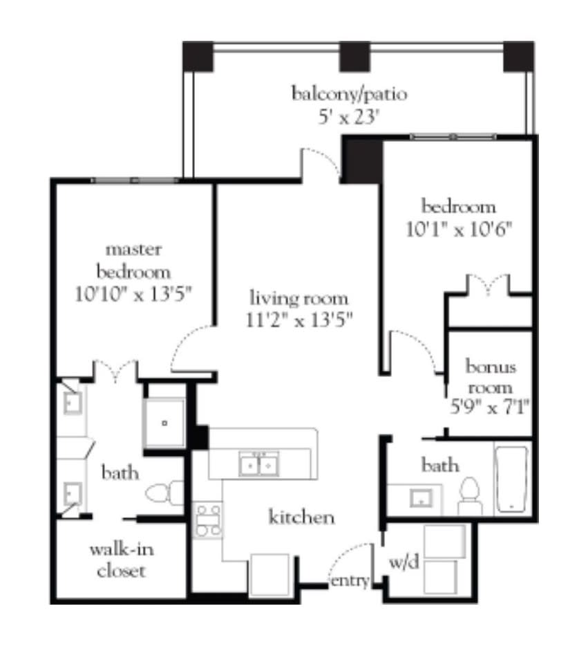 A floor plan of a two-bedroom apartment with room dimensions.