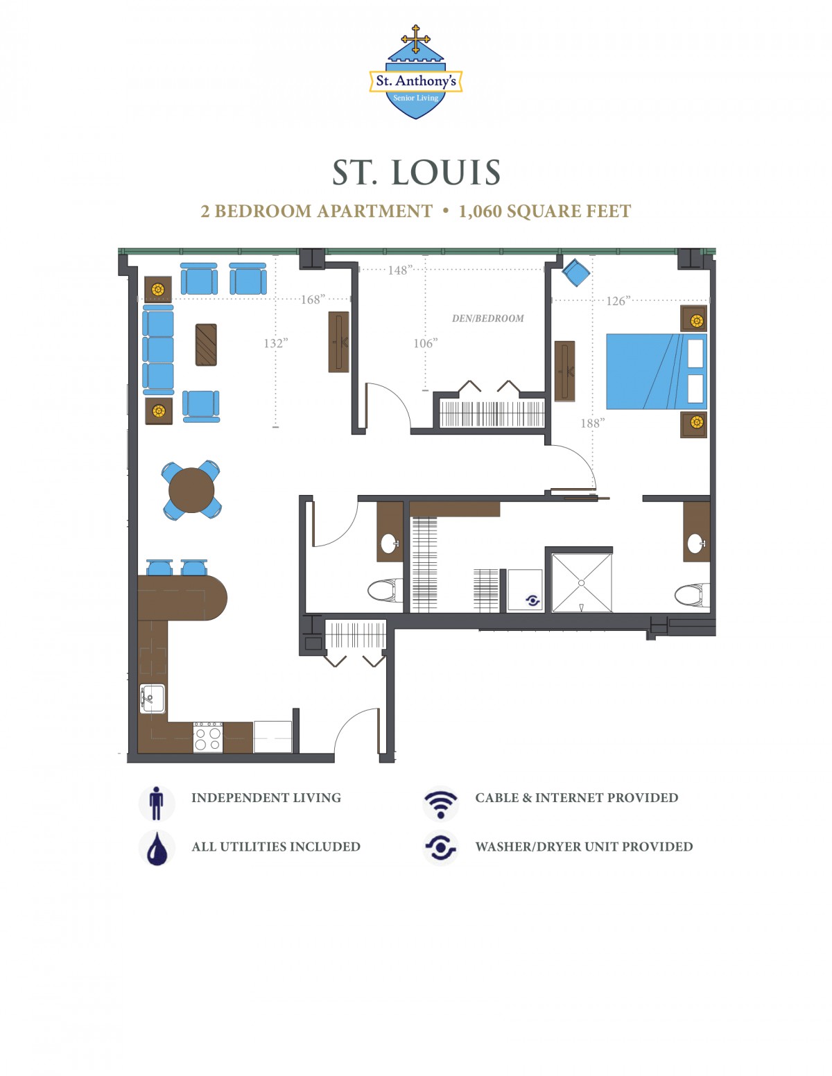Floor plan of a St. Louis 2-bedroom apartment with a square footage of 1055 sqft.