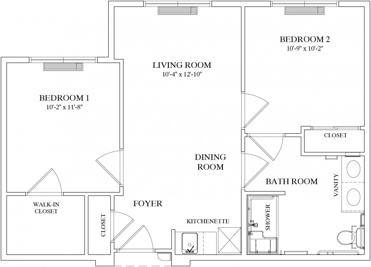 A floor plan depicting the layout of an apartment with a living room, dining room, two bedrooms, and a bathroom.
