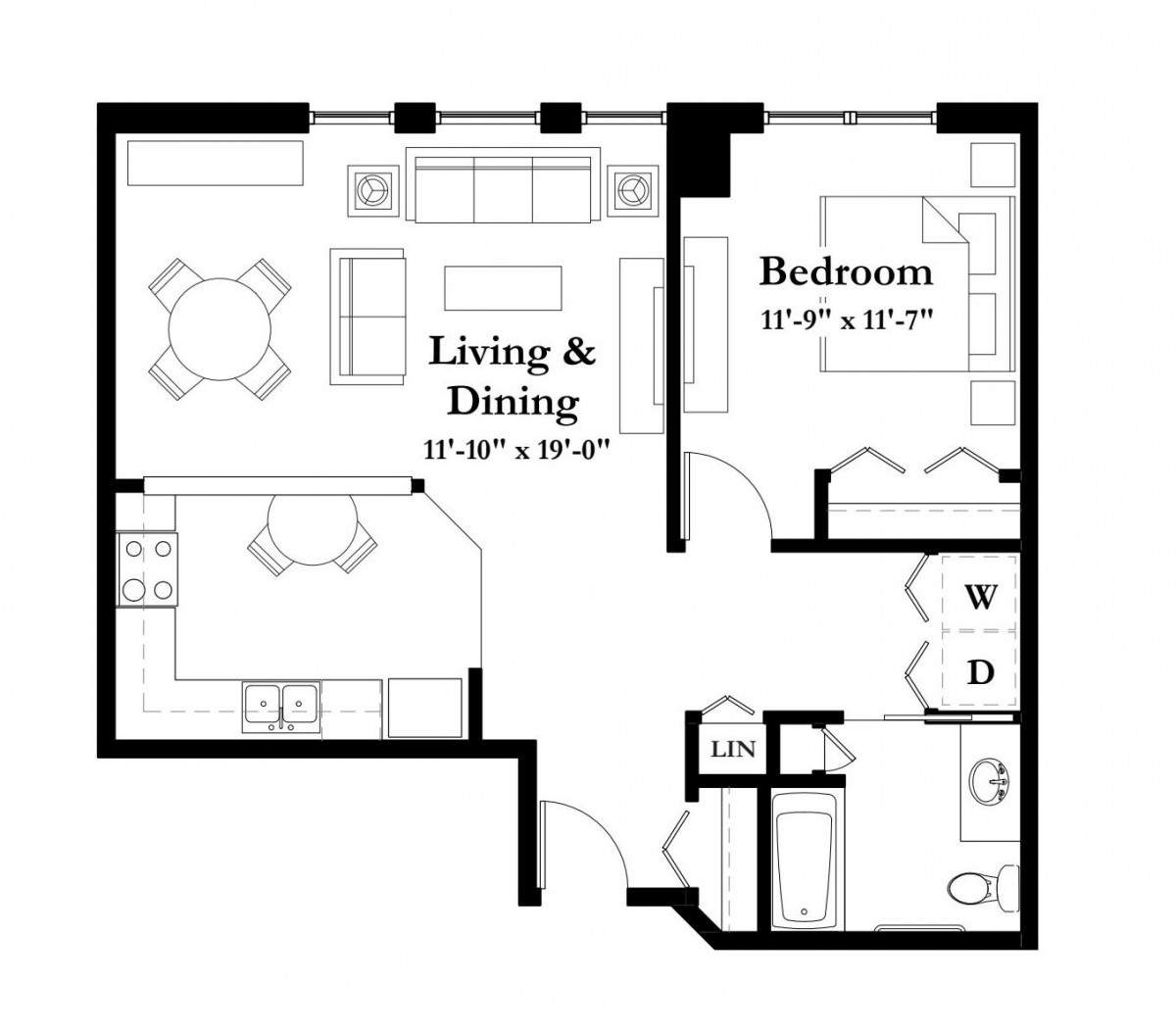 A floor plan of a one-bedroom apartment featuring a living and dining area, kitchen, bedroom, bathroom, and laundry space.