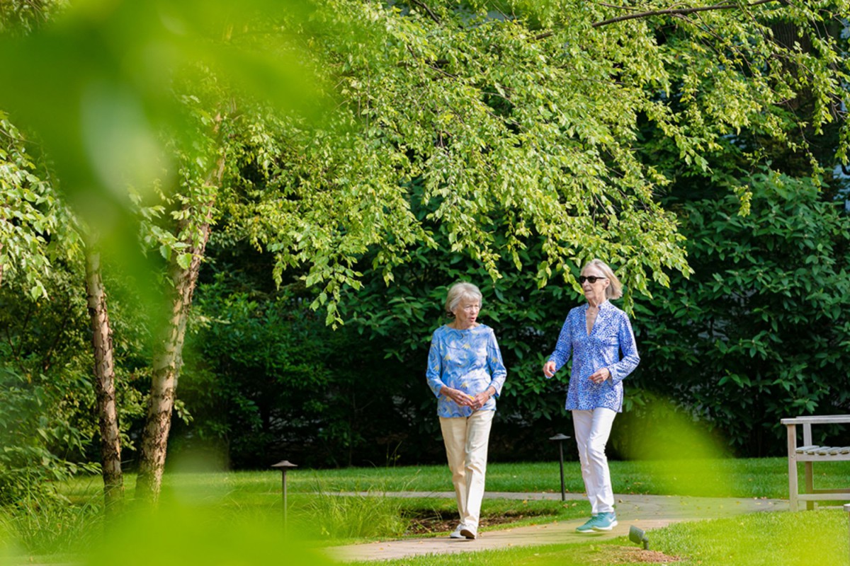 Two people walking together in a lush, green park.