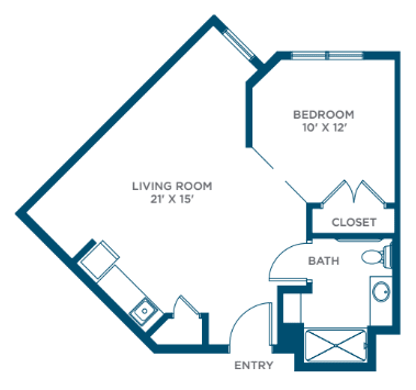 An architectural floor plan illustrating a one-bedroom apartment with a living room, bathroom, and closet.