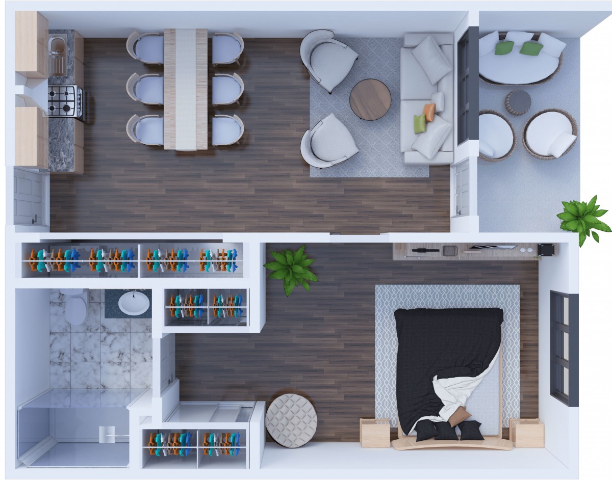 A modern apartment floor plan showcasing a stylish living area, dining space, and bedroom.