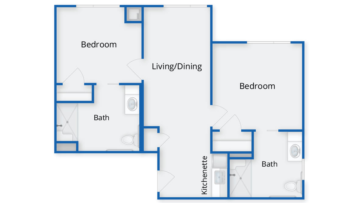 A floor plan showing a two-bedroom apartment with a living/dining area, kitchenette, and two bathrooms.