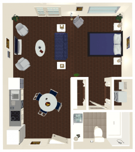 A detailed floor plan of a modern apartment, showcasing the layout with living and dining areas, bedroom, kitchen, and bathroom.