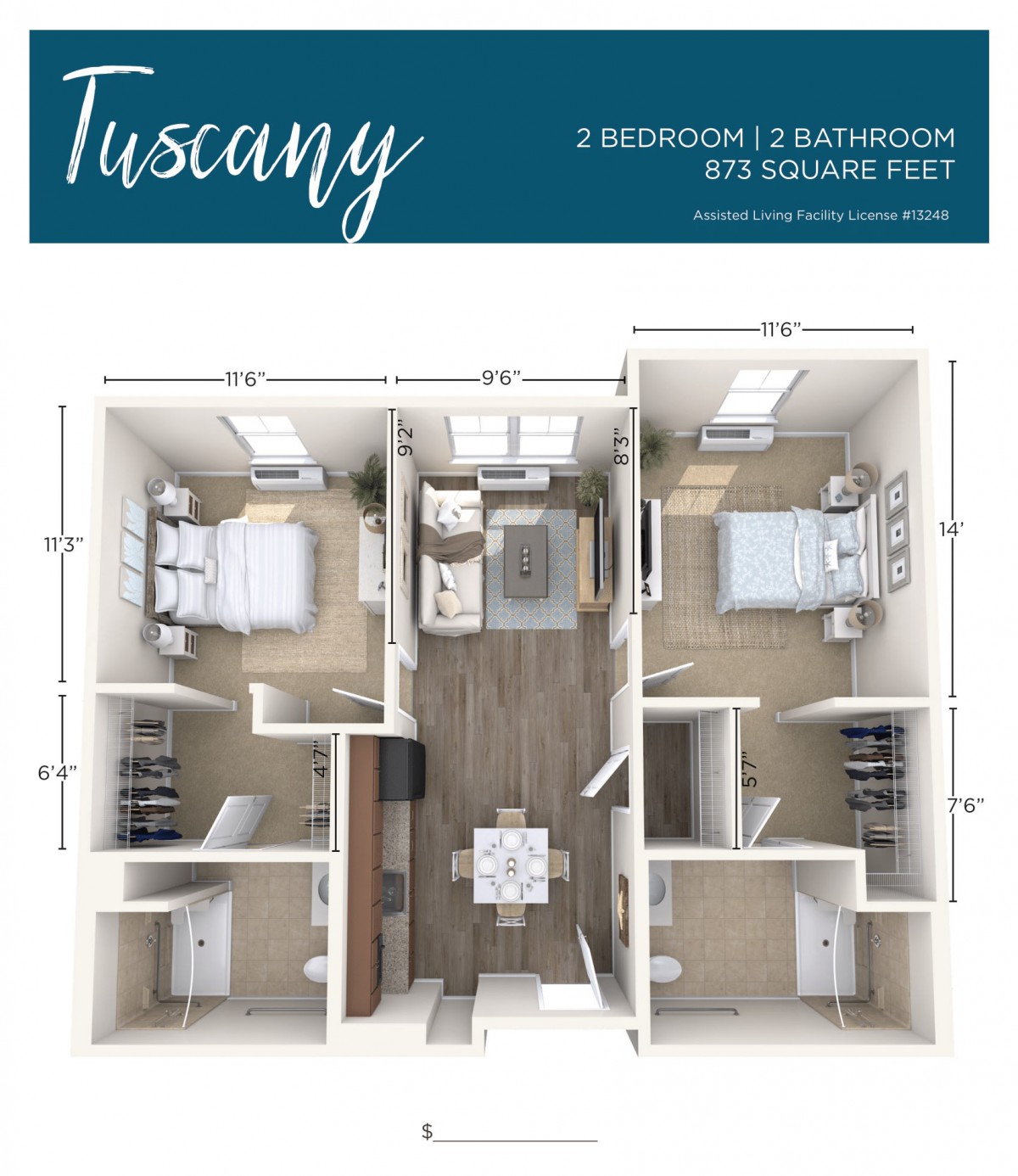 3D floor plan of a two-bedroom, one-bathroom apartment layout.