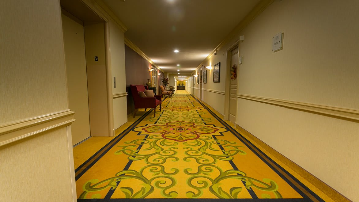 A brightly lit hotel hallway with patterned carpet and seating.