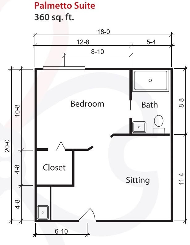 A detailed floor plan featuring a bedroom, bathroom, closet, and sitting area.