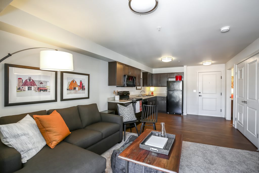 A modern apartment with an open-concept living room and kitchen.