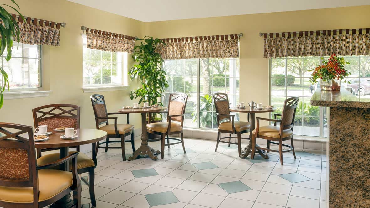 A cozy dining area with tables and chairs, featuring large windows and an indoor plant.
